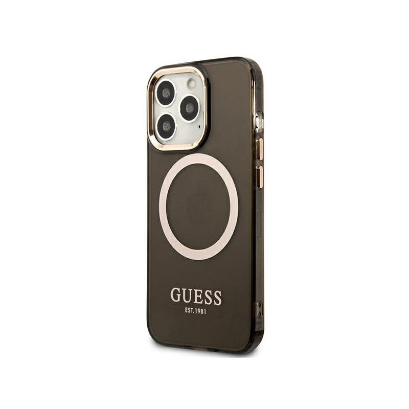 Guess Gold Outline permatomas MagSafe dėklas, skirtas iPhone 13 Pro Max - juodas