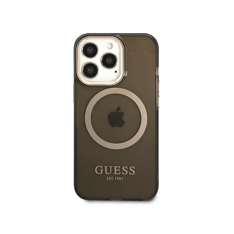 Guess Gold Outline permatomas MagSafe dėklas, skirtas iPhone 13 Pro Max - juodas