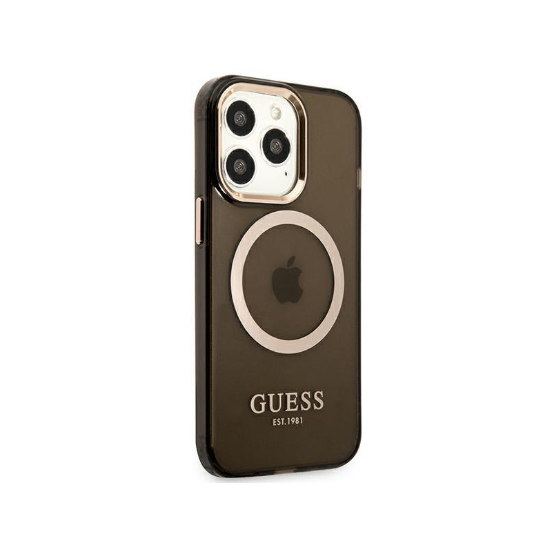 Guess Gold Outline permatomas MagSafe dėklas, skirtas iPhone 13 Pro Max - juodas
