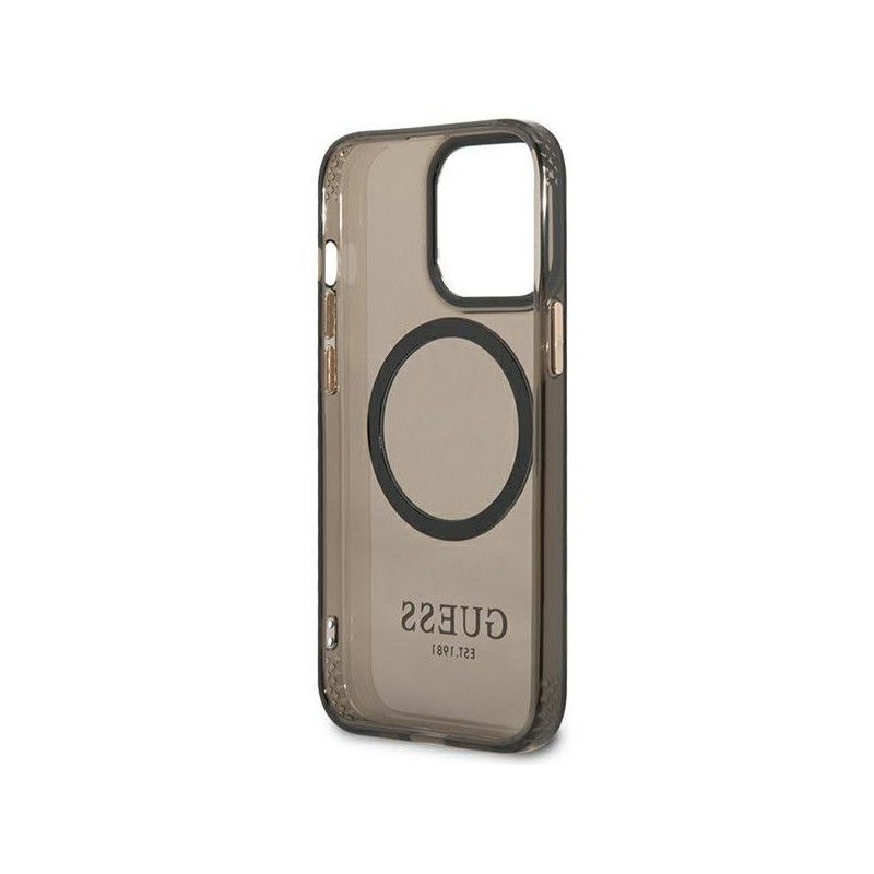 Guess Gold Outline permatomas MagSafe dėklas, skirtas iPhone 13 Pro Max - juodas