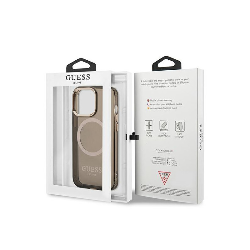 Guess Gold Outline permatomas MagSafe dėklas, skirtas iPhone 13 Pro Max - juodas