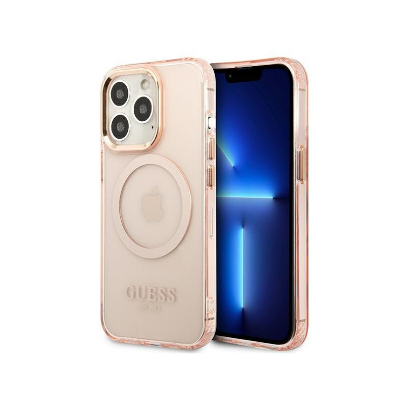 Guess Gold Outline permatomas MagSafe dėklas, skirtas iPhone 13 Pro Max – rožinis Guess Gold Outline permatomas MagSafe dėklas, skirtas iPhone 13 Pro Max – rožinis
