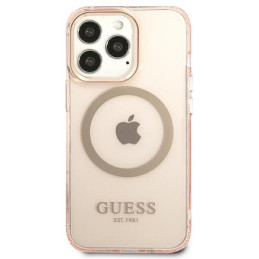 Guess Gold Outline permatomas MagSafe dėklas, skirtas iPhone 13 Pro Max – rožinis