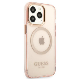 Guess Gold Outline permatomas MagSafe dėklas, skirtas iPhone 13 Pro Max – rožinis