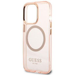 Guess Gold Outline permatomas MagSafe dėklas, skirtas iPhone 13 Pro Max – rožinis