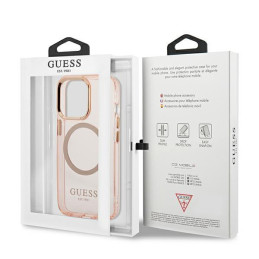Guess Gold Outline permatomas MagSafe dėklas, skirtas iPhone 13 Pro Max – rožinis