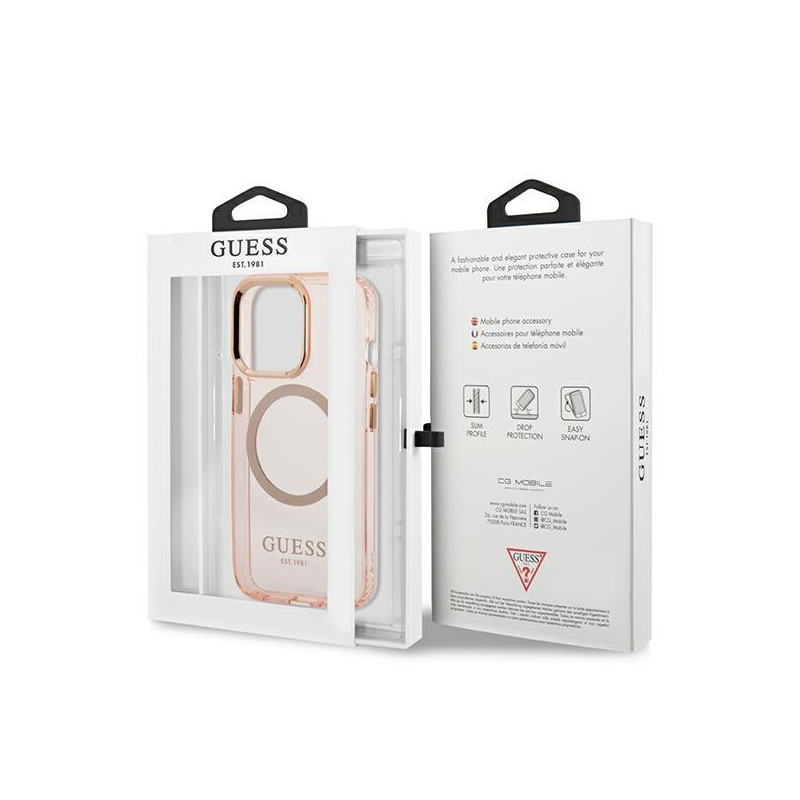 Guess Gold Outline permatomas MagSafe dėklas, skirtas iPhone 13 Pro Max – rožinis