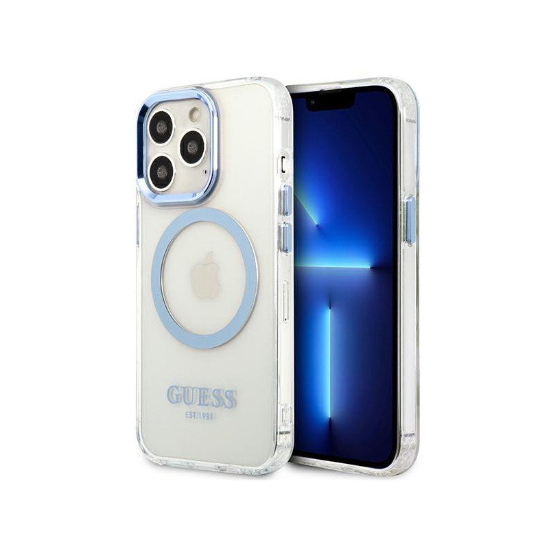 Guess Metal Outline MagSafe dėklas, skirtas iPhone 13 Pro Max - mėlynas