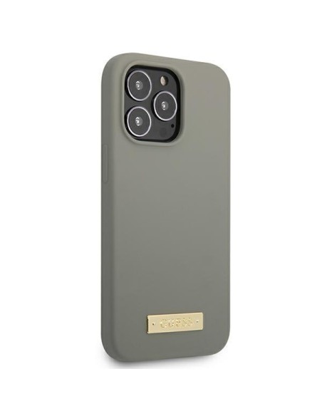Guess Silicone Logo Plate MagSafe dėklas iPhone 13 Pro Max - pilkas Guess Silicone Logo Plate MagSafe dėklas iPhone 13 Pro Max - pilkas