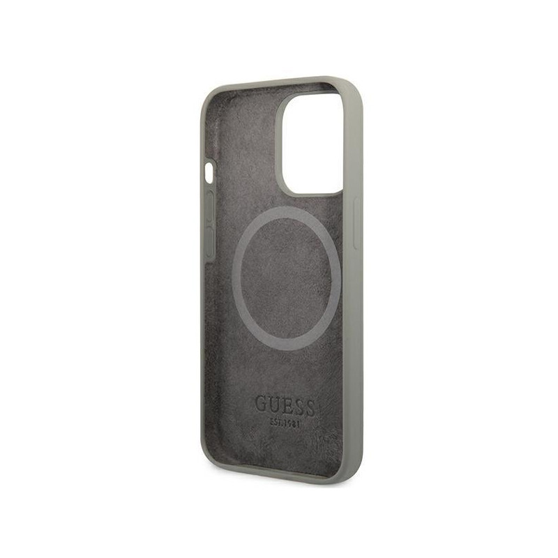 Guess Silicone Logo Plate MagSafe dėklas iPhone 13 Pro Max - pilkas