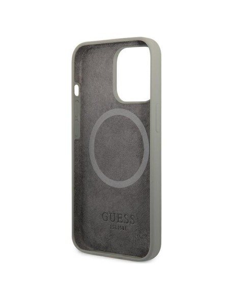 Guess Silicone Logo Plate MagSafe dėklas iPhone 13 Pro Max - pilkas Guess Silicone Logo Plate MagSafe dėklas iPhone 13 Pro Max - pilkas
