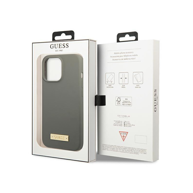 Guess Silicone Logo Plate MagSafe dėklas iPhone 13 Pro Max - pilkas