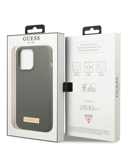 Guess Silicone Logo Plate MagSafe dėklas iPhone 13 Pro Max - pilkas Guess Silicone Logo Plate MagSafe dėklas iPhone 13 Pro Max - pilkas