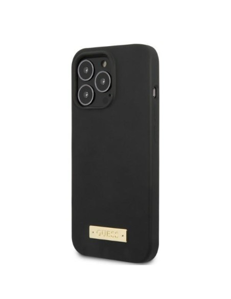 Guess Silicone Logo Plate MagSafe dėklas, skirtas iPhone 13 Pro Max - juodas