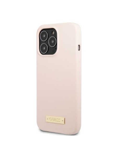 Guess Silicone Logo Plate MagSafe dėklas iPhone 13 Pro Max - rožinis Guess Silicone Logo Plate MagSafe dėklas iPhone 13 Pro Max - rožinis