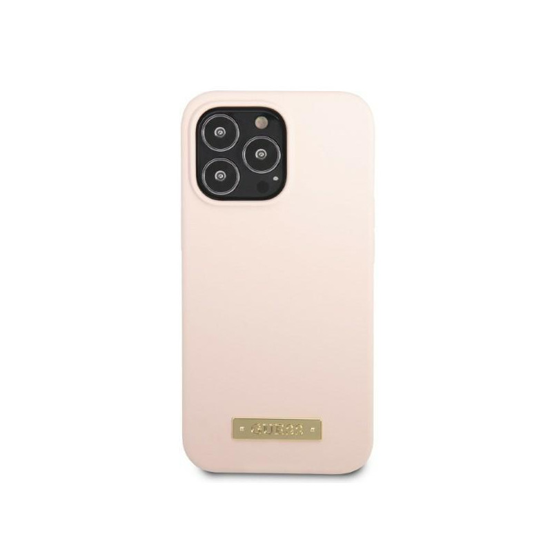 Guess Silicone Logo Plate MagSafe dėklas iPhone 13 Pro Max - rožinis