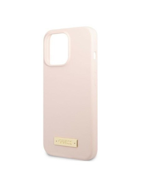 Guess Silicone Logo Plate MagSafe dėklas iPhone 13 Pro Max - rožinis Guess Silicone Logo Plate MagSafe dėklas iPhone 13 Pro Max - rožinis