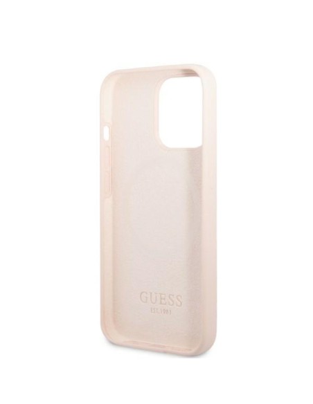 Guess Silicone Logo Plate MagSafe dėklas iPhone 13 Pro Max - rožinis Guess Silicone Logo Plate MagSafe dėklas iPhone 13 Pro Max - rožinis