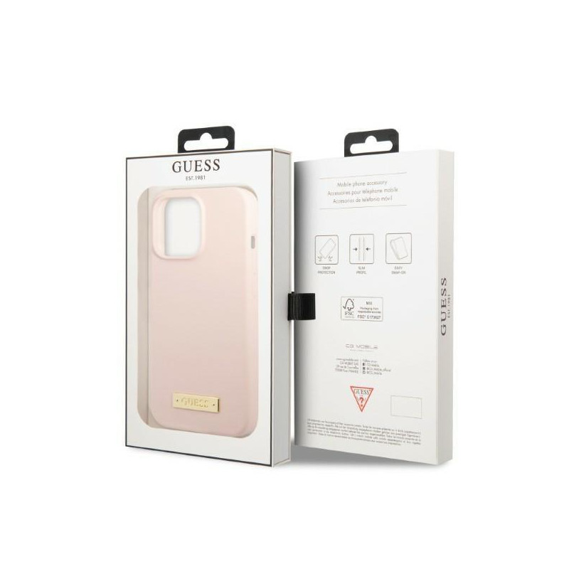 Guess Silicone Logo Plate MagSafe dėklas iPhone 13 Pro Max - rožinis