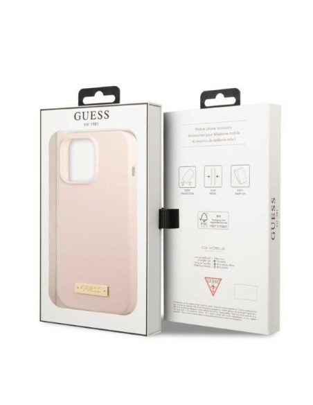 Guess Silicone Logo Plate MagSafe dėklas iPhone 13 Pro Max - rožinis Guess Silicone Logo Plate MagSafe dėklas iPhone 13 Pro Max - rožinis