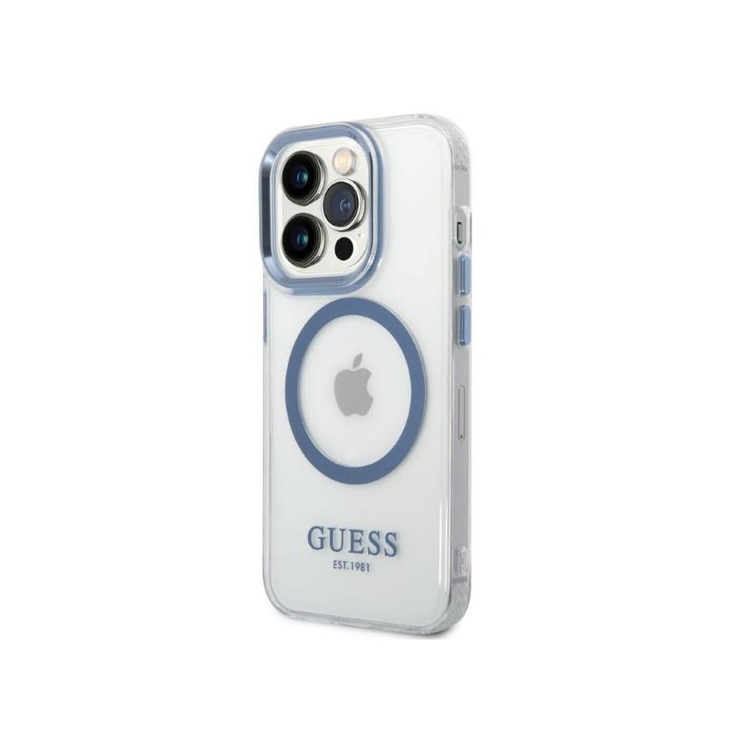 Guess Metal Outline MagSafe dėklas iPhone 14 Pro - mėlynas