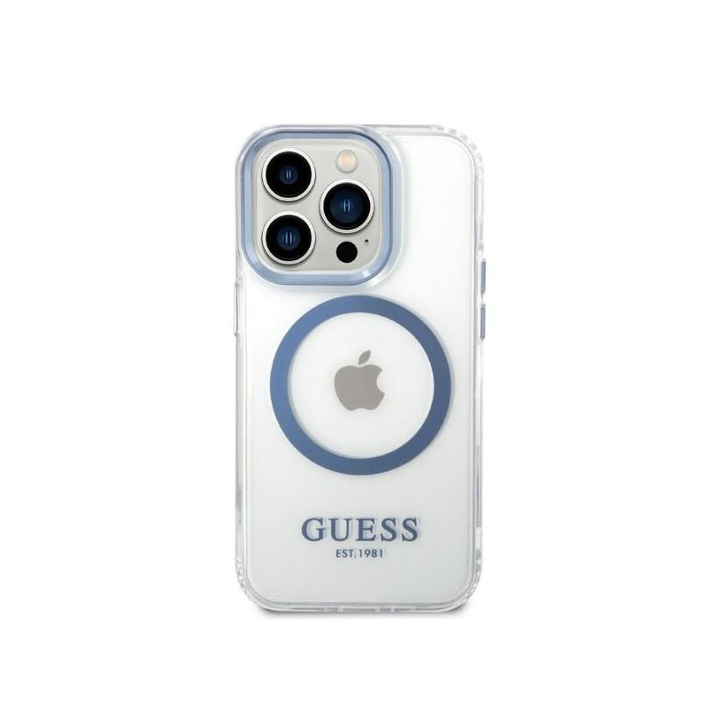 Guess Metal Outline MagSafe dėklas iPhone 14 Pro - mėlynas