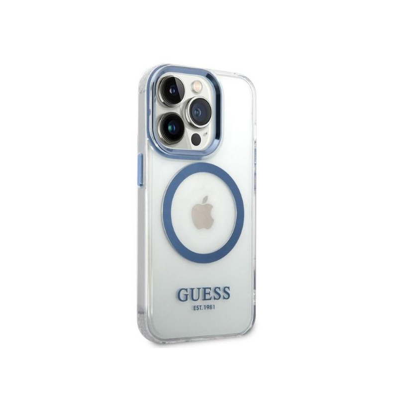 Guess Metal Outline MagSafe dėklas iPhone 14 Pro - mėlynas