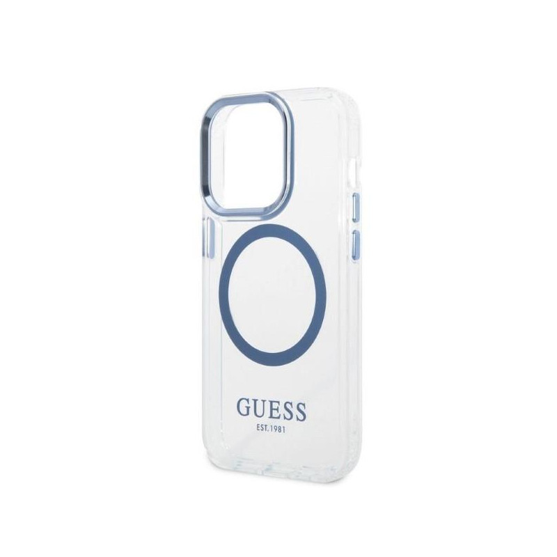 Guess Metal Outline MagSafe dėklas iPhone 14 Pro - mėlynas