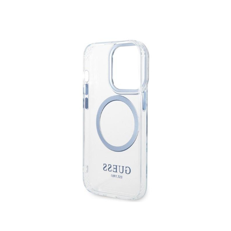 Guess Metal Outline MagSafe dėklas iPhone 14 Pro - mėlynas