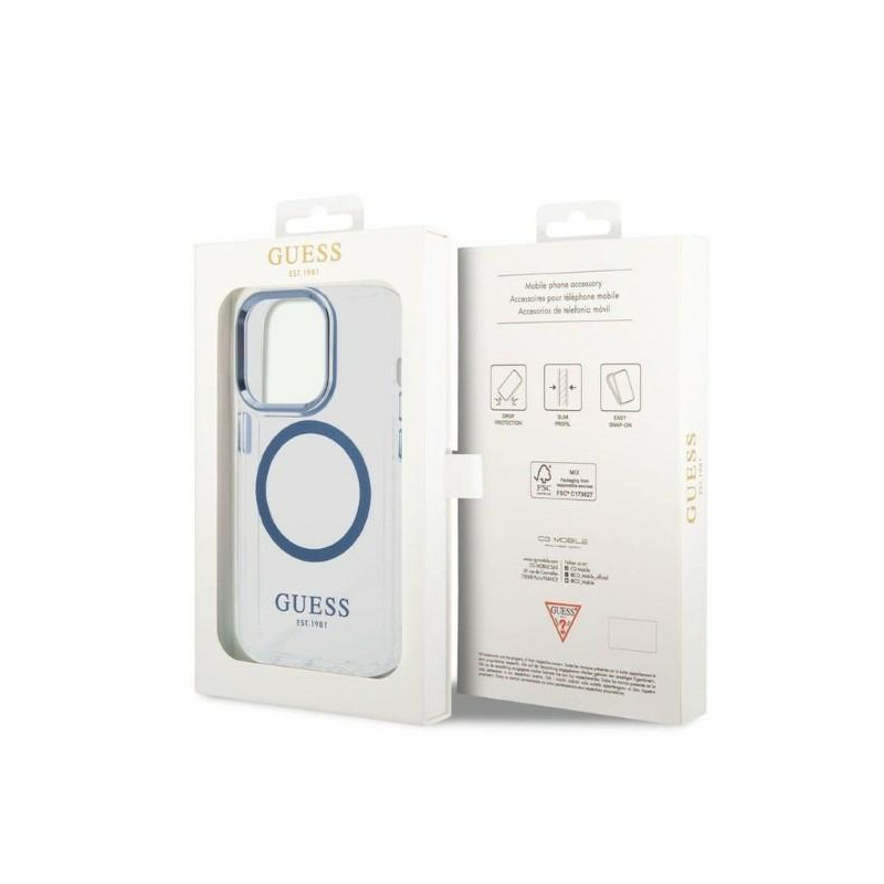 Guess Metal Outline MagSafe dėklas iPhone 14 Pro - mėlynas