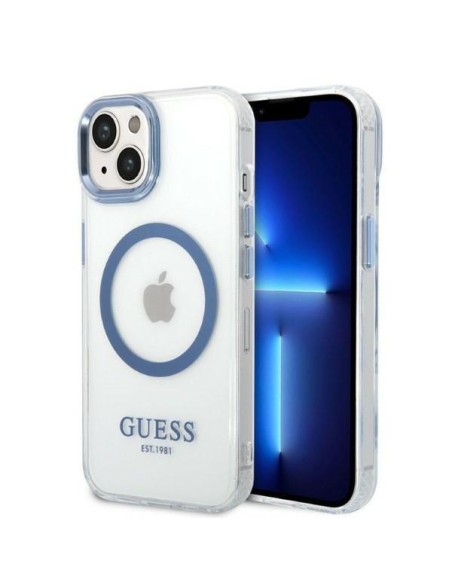 Guess Metal Outline MagSafe dėklas iPhone 14 Plus - mėlynas Guess Metal Outline MagSafe dėklas iPhone 14 Plus - mėlynas