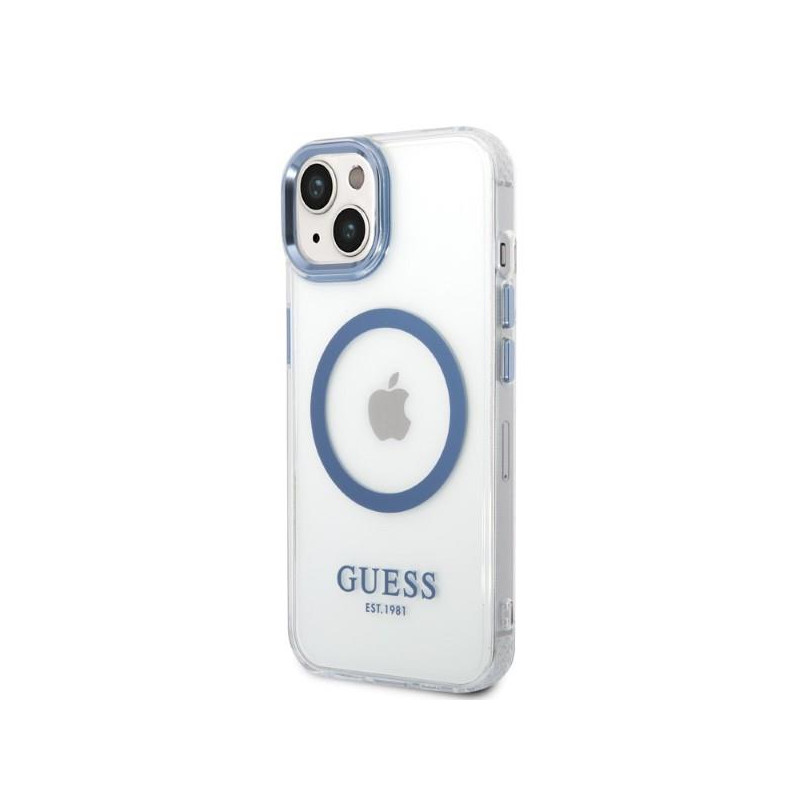 Guess Metal Outline MagSafe dėklas iPhone 14 Plus - mėlynas