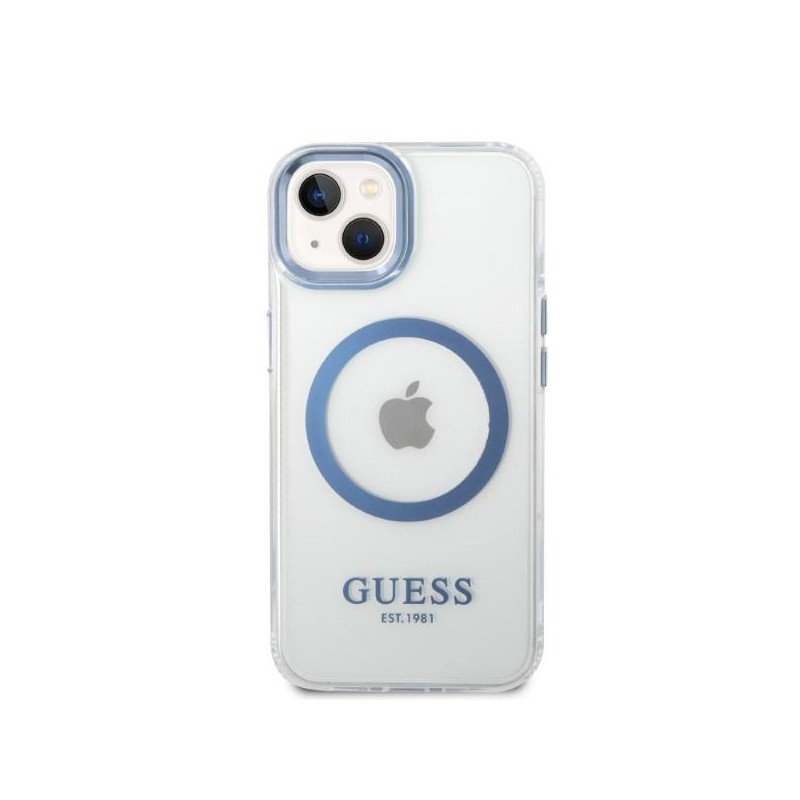 Guess Metal Outline MagSafe dėklas iPhone 14 Plus - mėlynas