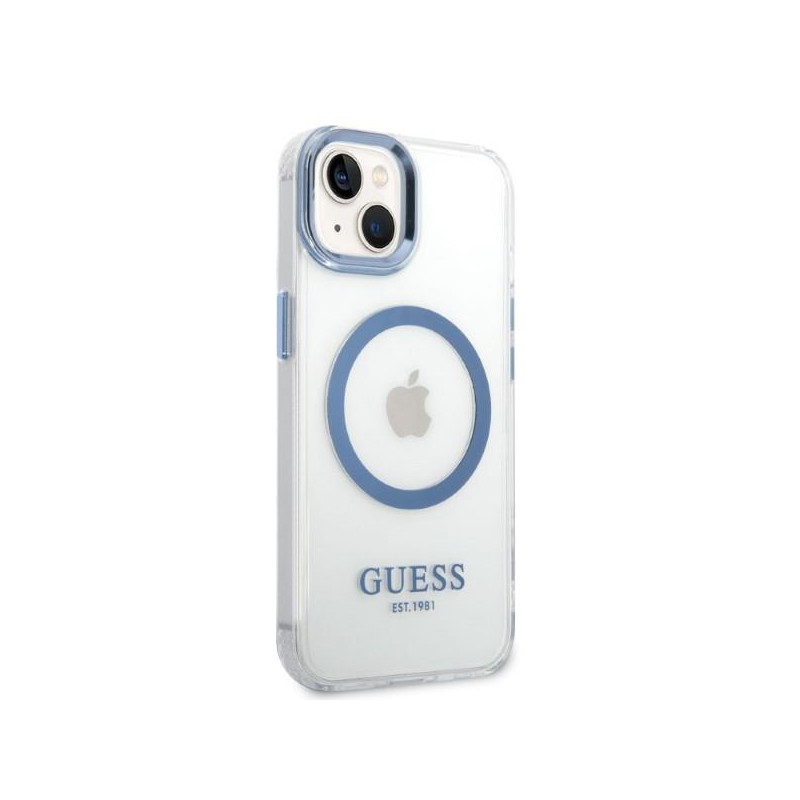 Guess Metal Outline MagSafe dėklas iPhone 14 Plus - mėlynas