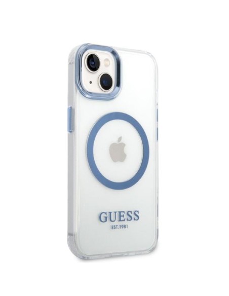 Guess Metal Outline MagSafe dėklas iPhone 14 Plus - mėlynas Guess Metal Outline MagSafe dėklas iPhone 14 Plus - mėlynas