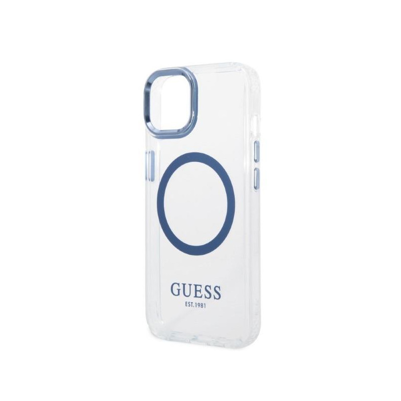 Guess Metal Outline MagSafe dėklas iPhone 14 Plus - mėlynas