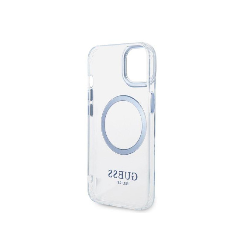 Guess Metal Outline MagSafe dėklas iPhone 14 Plus - mėlynas