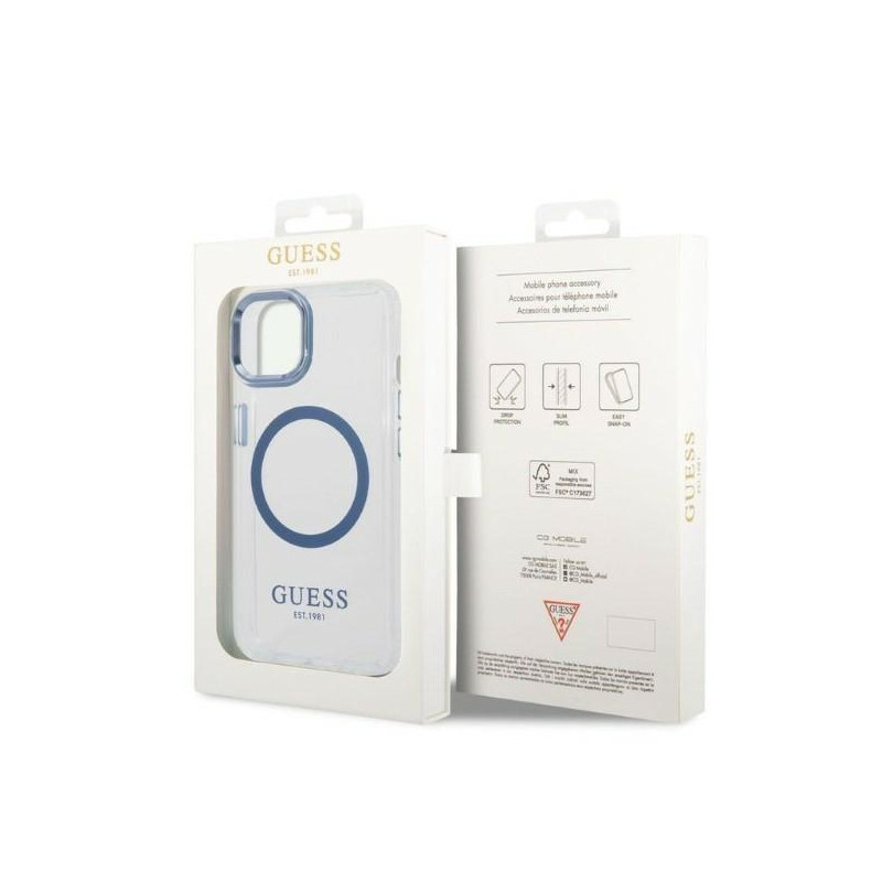 Guess Metal Outline MagSafe dėklas iPhone 14 Plus - mėlynas