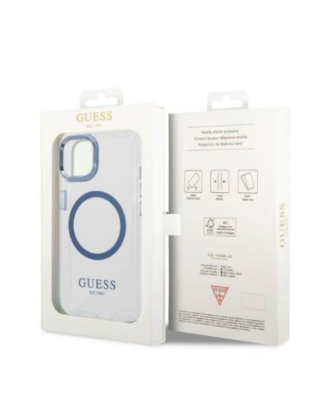 Guess Metal Outline MagSafe dėklas iPhone 14 Plus - mėlynas Guess Metal Outline MagSafe dėklas iPhone 14 Plus - mėlynas