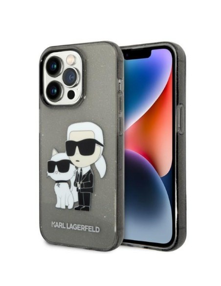 Karl Lagerfeld Glitter Karl&Choupette dėklas iPhone 14 Pro - juodas