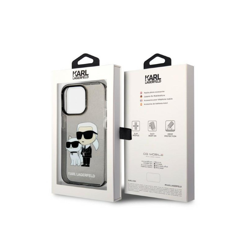 Karl Lagerfeld Glitter Karl&Choupette dėklas iPhone 14 Pro - juodas
