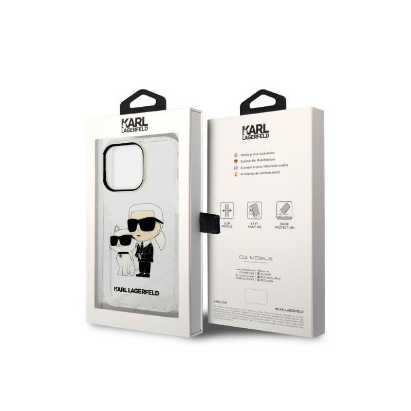 Karl Lagerfeld Glitter Karl&Choupette dėklas iPhone 14 Pro - skaidrus