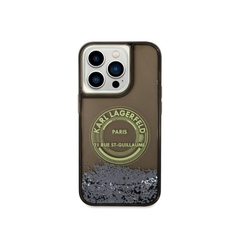 Karl Lagerfeld Liquid Glitter RSG dėklas iPhone 14 Pro - juodas