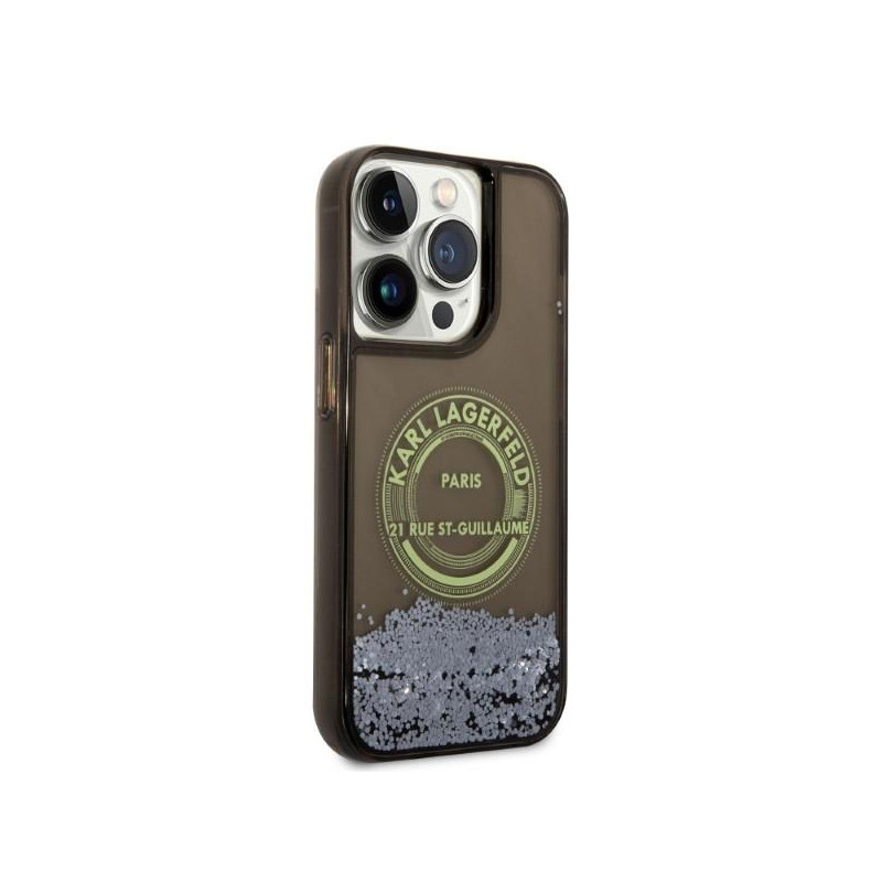 Karl Lagerfeld Liquid Glitter RSG dėklas iPhone 14 Pro - juodas
