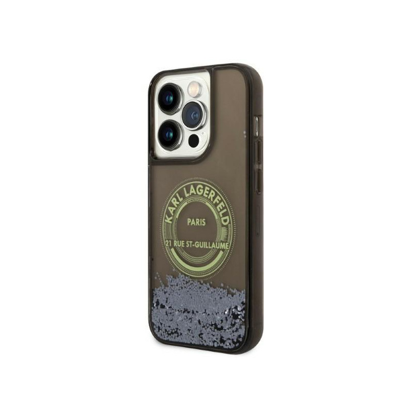 Karl Lagerfeld Liquid Glitter RSG dėklas iPhone 14 Pro - juodas