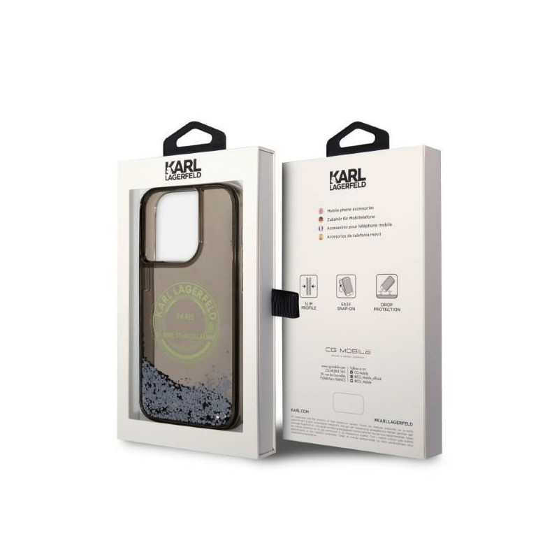 Karl Lagerfeld Liquid Glitter RSG dėklas iPhone 14 Pro - juodas