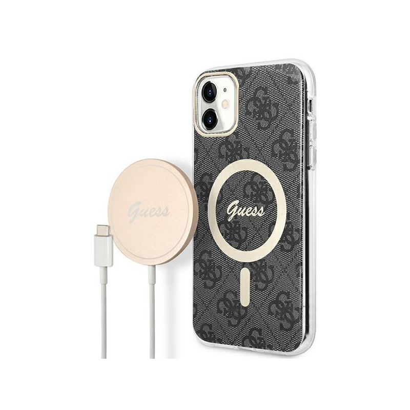 Guess 4G Print MagSafe dėklas, skirtas iPhone 11 + indukcinis įkroviklis - juodas