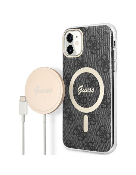 Guess 4G Print MagSafe dėklas, skirtas iPhone 11 + indukcinis įkroviklis - juodas Guess 4G Print MagSafe dėklas, skirtas iPhone 11 + indukcinis įkroviklis - juodas