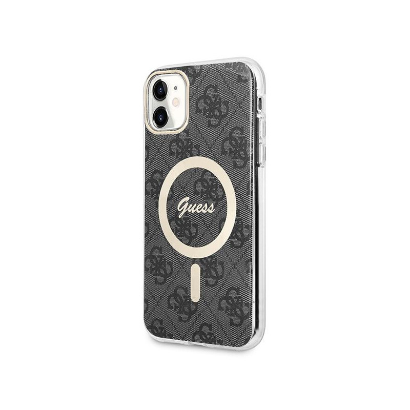 Guess 4G Print MagSafe dėklas, skirtas iPhone 11 + indukcinis įkroviklis - juodas