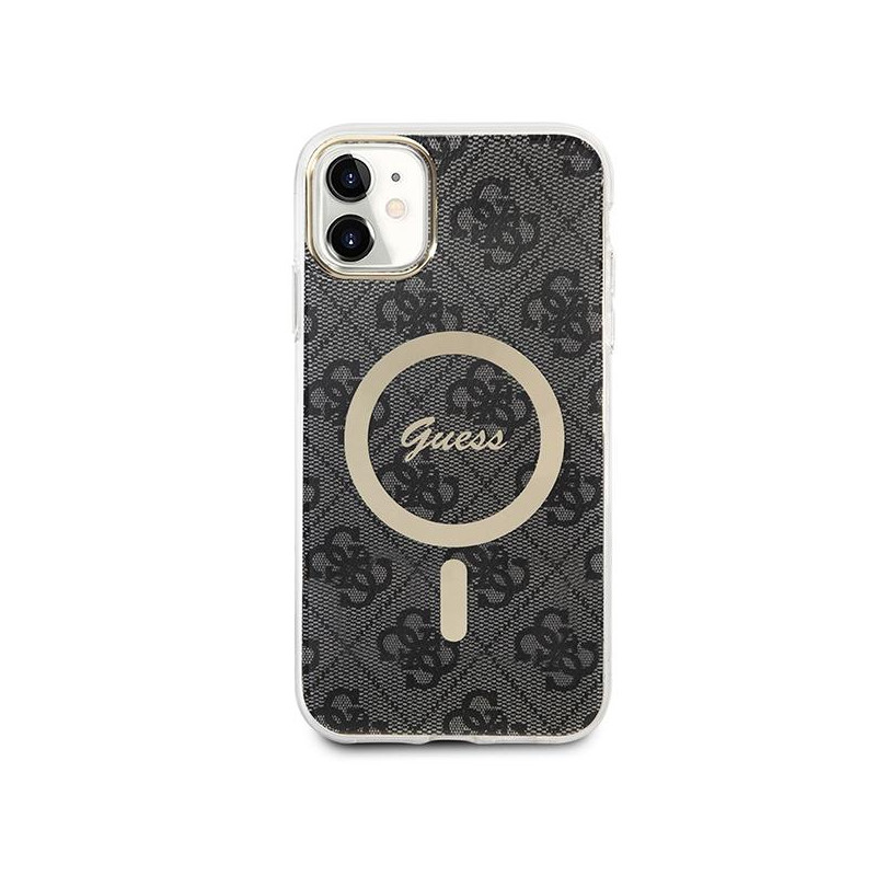 Guess 4G Print MagSafe dėklas, skirtas iPhone 11 + indukcinis įkroviklis - juodas